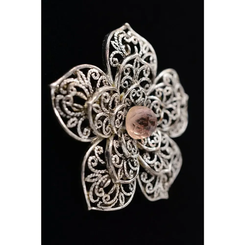 Monet Vintage Pin Brooch Silver Filigree Pink Crystal Flower Shiny Signed Bin5B